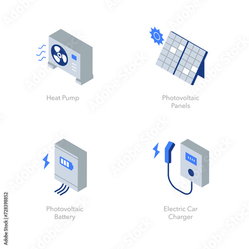 Simple set of isometric flat icons for renewable energy. Contains such icons as Heat pump, Photovoltaic panels, Photovoltaic battery and Electric car charger.