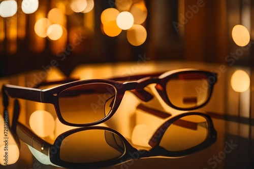 Eyeglasses in cozy appartments. Warm colors and reflections. Soft photo of golden eyeglasses. photo