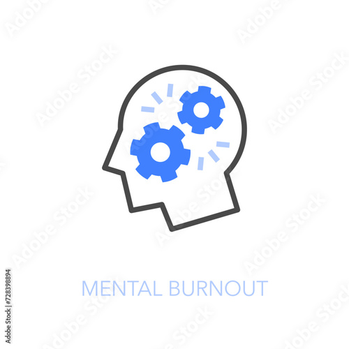 Simple visualised mental burnout icon symbol with a human head and broken cogwheels.