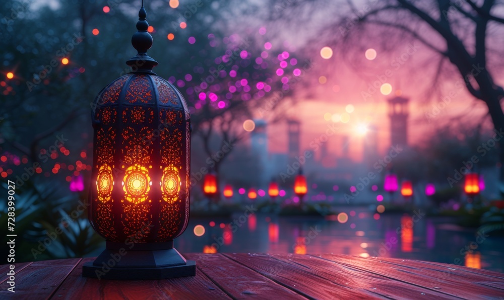 Arabic lantern lights on a Round wooden podium as a main focus in left side with Abstract purple and pink lights blur blinking background. Generative AI - obrazy, fototapety, plakaty 