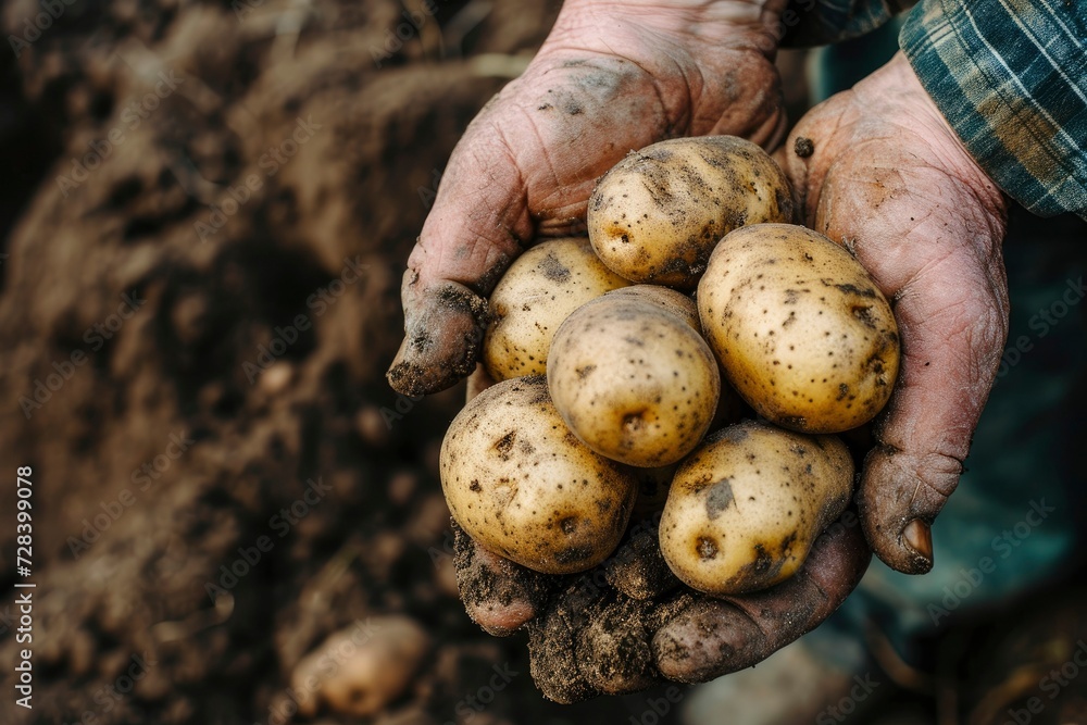 Close-up of a hand holding a potato. Farmer's hands holding potatoes during harvest. Farmer is harvesting in the field Close-up of a hand holding a potato. Farmer's hands holding potatoes during harvest. Farmer is harvesting in the field