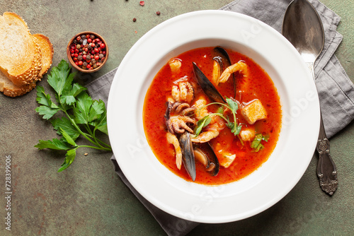 Tableau sur toile French seafood bouillabaisse soup with mussels, prawns, octopus and fish