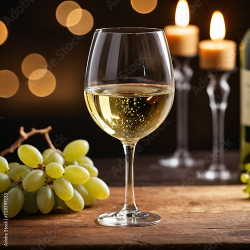 Glass of White Wine, Bottle of Wine, and Grapes