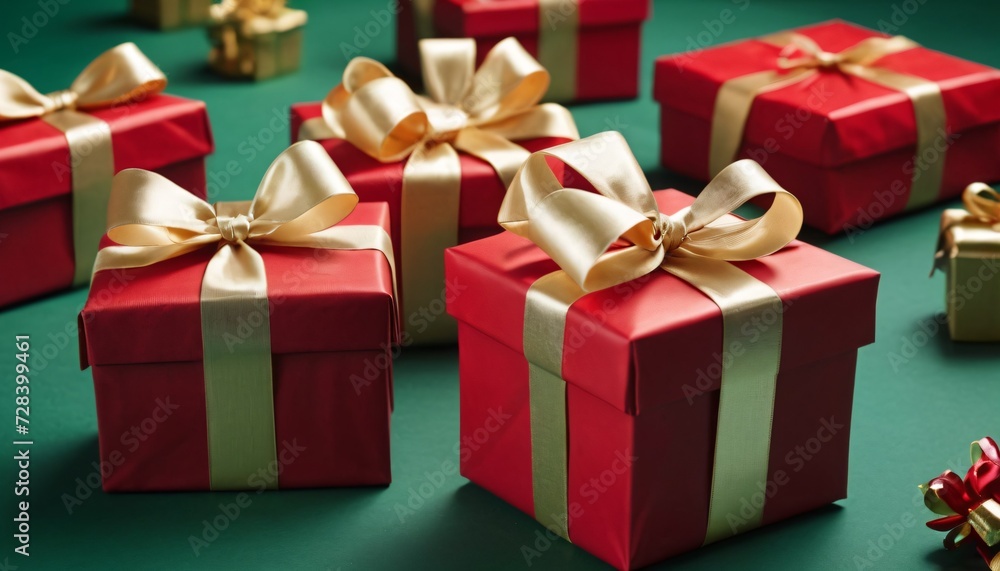 Wrapped Presents with golden bows on a green background Wrapped Presents with golden bows on a green background