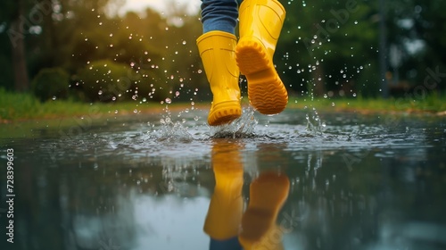 Joyful splashing in puddles with bright yellow rubber boots