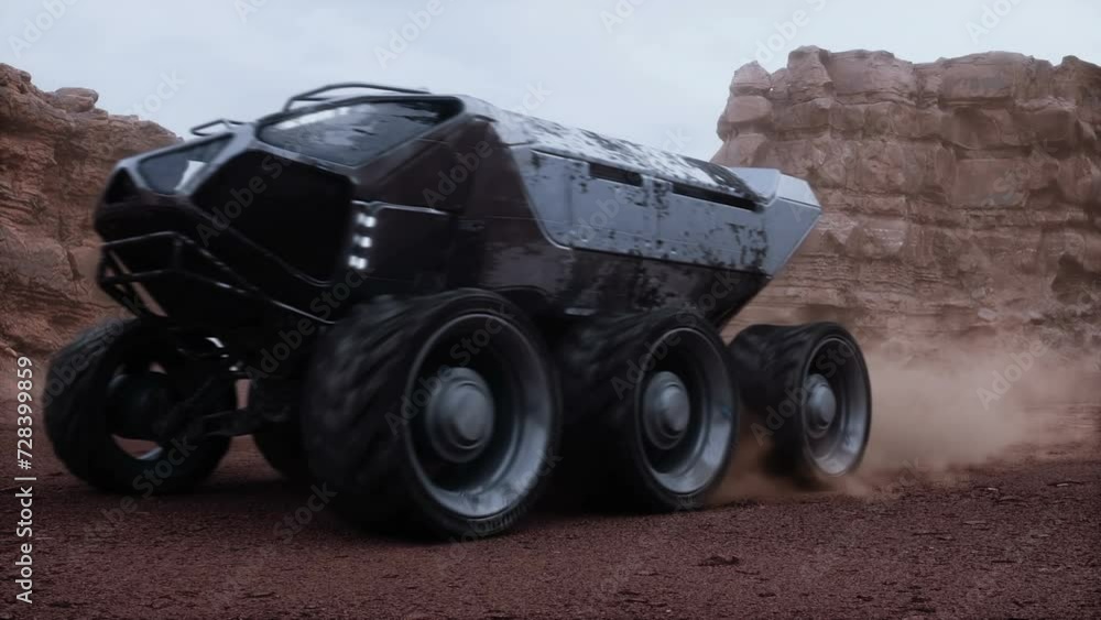 Electric rover on alien planet. Mars surface. Realistic 4k animation. Electric rover on alien planet. Mars surface. Realistic 4k animation.