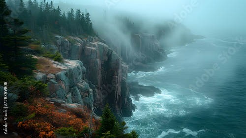A photo of Acadia National Park, with rugged coastal cliffs as the background, during a misty morning