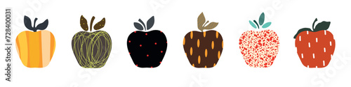 Set with cute six colorful apple on white background. Vector illustration.