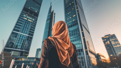 Muslim woman in a business centre, opposite non-skyscrapers, business women