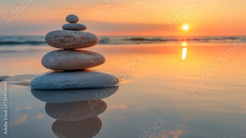 Serene beach sunset with a balanced stone sculpture reflecting