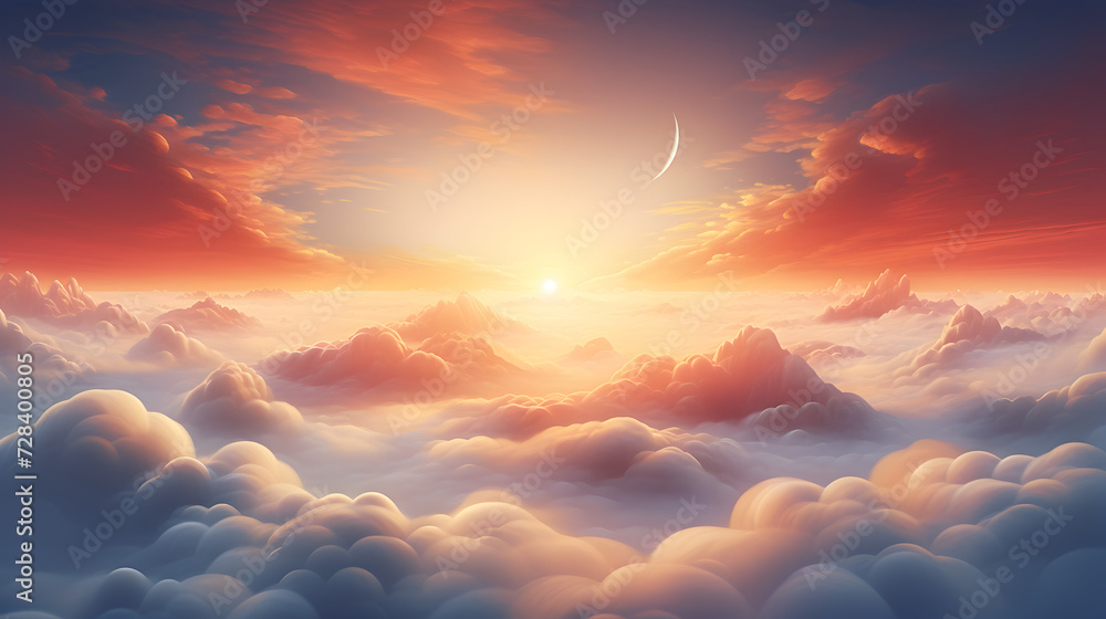 sunset in the mountains,,
3d Beautiful sunset above clouds with rays of light