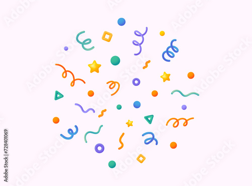 3D Party Confetti Set Isolated on White.  Festive Template in colorful colors for party illustration, surprise, celebrate, gift, birthday invitation. 3D Web Vector Illustrations.