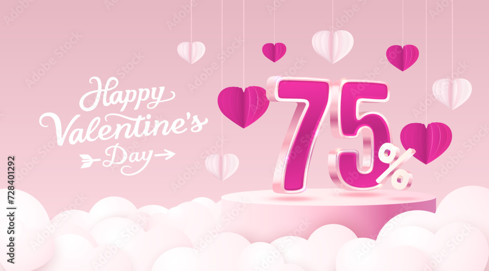 Happy Valentine day, Mega sale, special offer, 75 off sale banner. Sign board promotion. Vector illustration