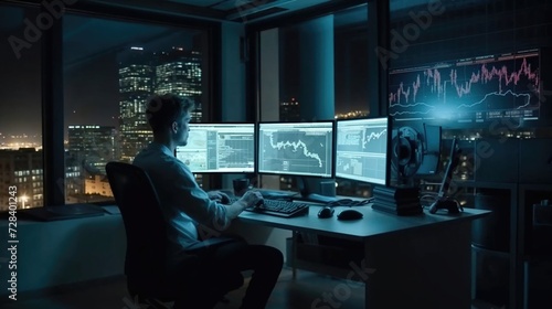 Professional Trader Working Late in a Modern Office
