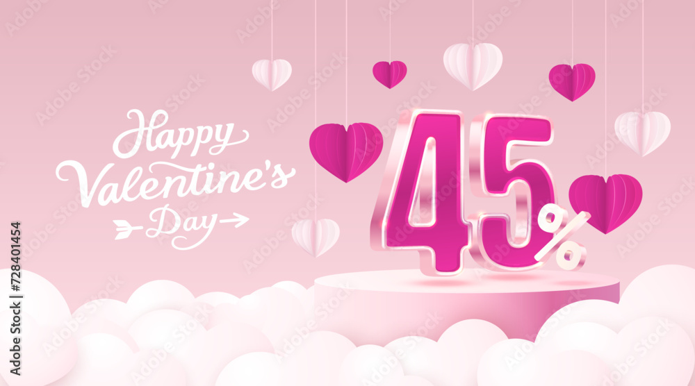 Happy Valentine day, Mega sale, special offer, 45 off sale banner. Sign board promotion. Vector illustration