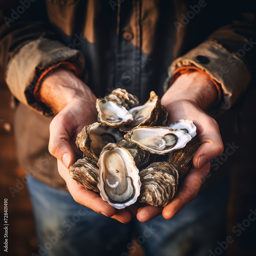 Fresh raw oysters in man hands photo
