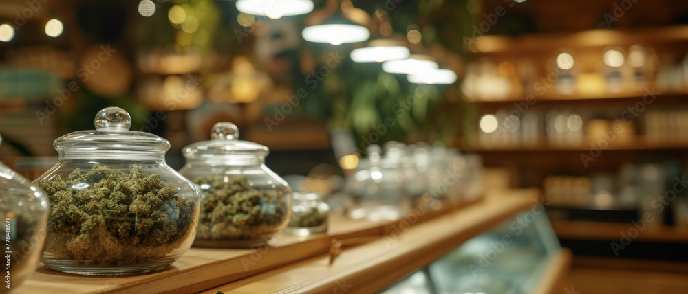 Artisanal cannabis dispensary with product jars