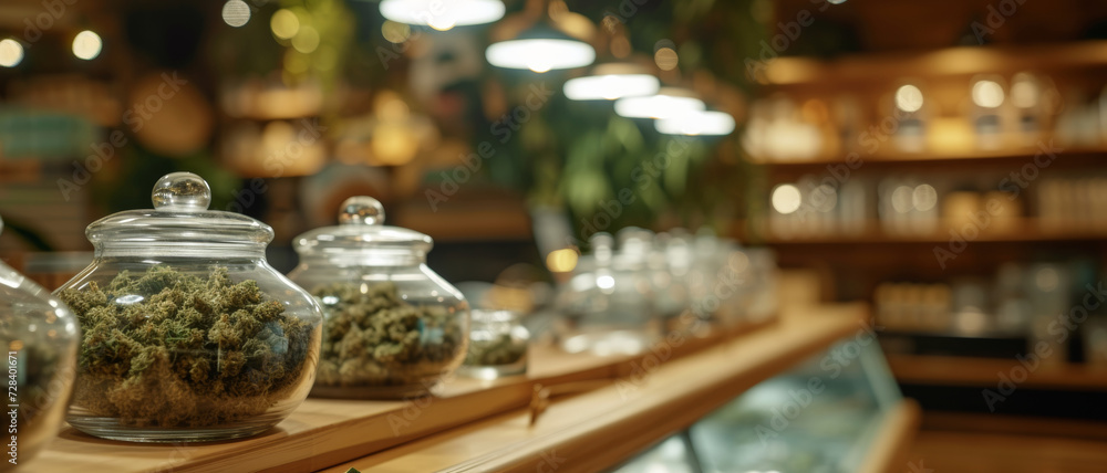 Artisanal cannabis dispensary with product jars Artisanal cannabis dispensary with product jars