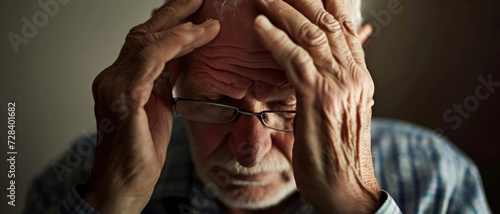 Distressed senior man holding his head in hands