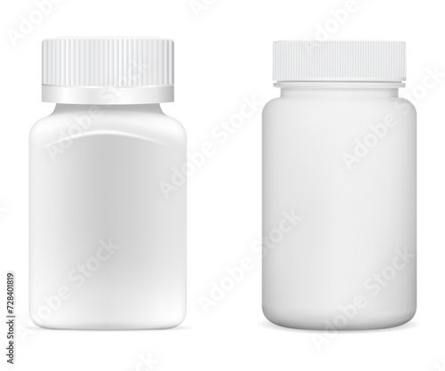 Supplement jar. Pill bottle mockup, vector template. White plastic vitamin package design closeup. Tablet package blank, small pillbox for medicine product. Empty pharmacy drug tub