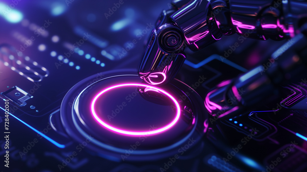 Futuristic Hand Pressing Purple Neon Button. Suitable for technological presentation design.