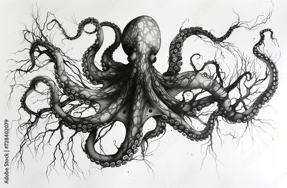 Fototapeta premium Hand Drawn Engraving Pen and Ink Octopus Vintage Vector Illustration