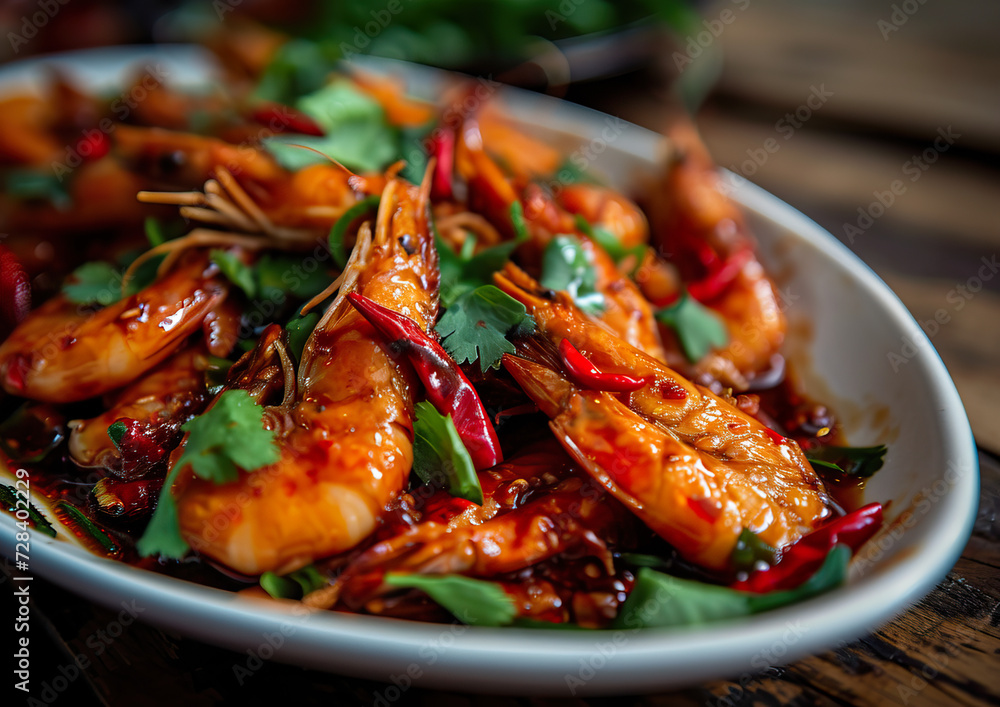 Szechuan Shrimp, Chinese cuisine, angle view, ultra realistic food photography