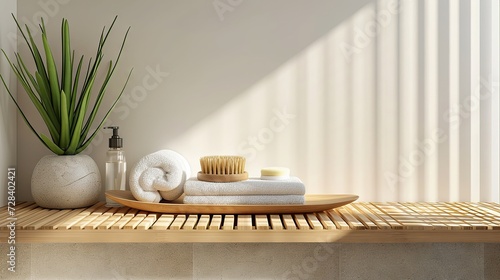 Modern spa with bamboo accents, white towels, and serene lighting