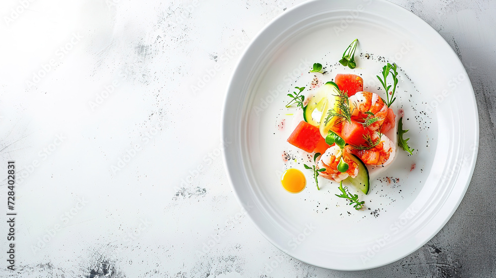 Restaurant advertising on clean background, a top view of chilled lobster and watermelon salad, minimalist style, with empty copy space Restaurant advertising on clean background, a top view of chilled lobster and watermelon salad, minimalist style, with empty copy space