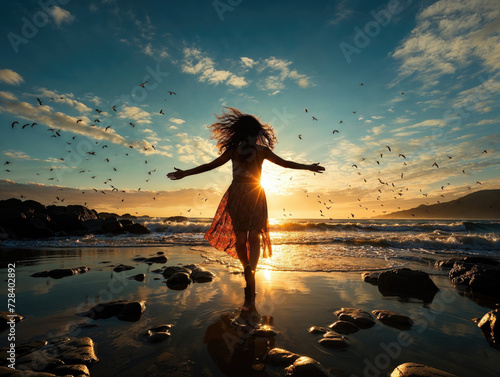 Silhouette of a woman enjoying the sunset on a beach