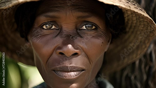 A Haitian single mother, her creased ebony face showing years of fighting climate change effects on her subsistence farming. Her embodied resilience is a testament to her belief in climate photo