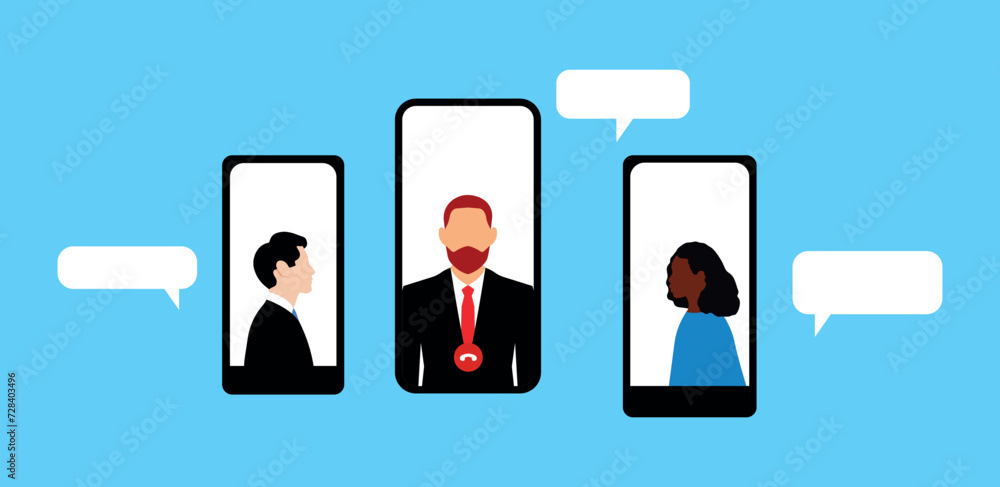 Vector illustration of a conversation in a video connection. Teamwork, solving a given problem. Conversation of relatives in a chat on an isolated background. Vector illustration of a conversation in a video connection. Teamwork, solving a given problem. Conversation of relatives in a chat on an isolated background.