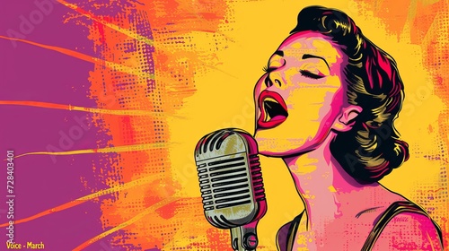 A pop art-style image of a woman speaking into a vintage microphone, "Voice - March 8" to emphasize women's expression. 