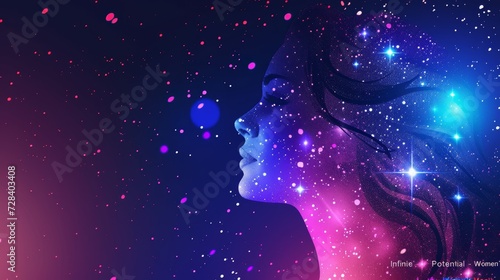 A digital illustration of a woman's profile made from cosmic stars, "Infinite Potential - Women's Month" to inspire limitless aspirations. 