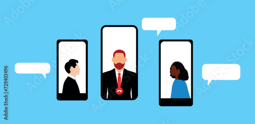 Vector illustration of a conversation in a video connection. Teamwork, solving a given problem. Conversation of relatives in a chat on an isolated background. 