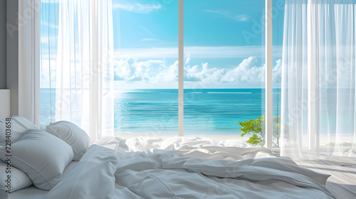 Luxurious bedroom with white bedding and a window view of the ocean and palm trees