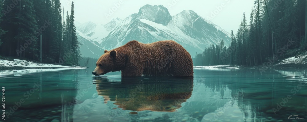 Bear in water, quenches thirst, forest and mountains, wild nature - obrazy, fototapety, plakaty 
