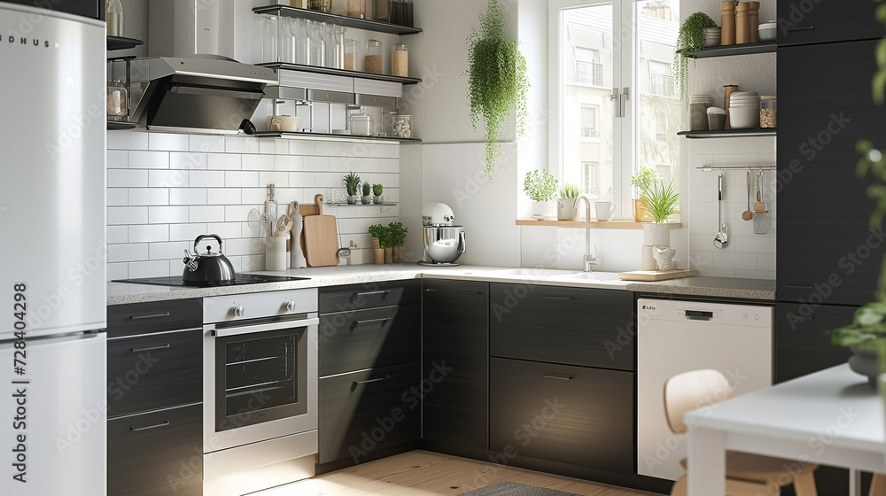 Black and white tiny compact modern kitchen, small minimalist kitchen with stylish design Black and white tiny compact modern kitchen, small minimalist kitchen with stylish design