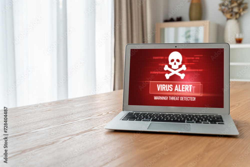 Virus warning alert on computer screen detected modish cyber threat , hacker, computer virus and malware - obrazy, fototapety, plakaty 