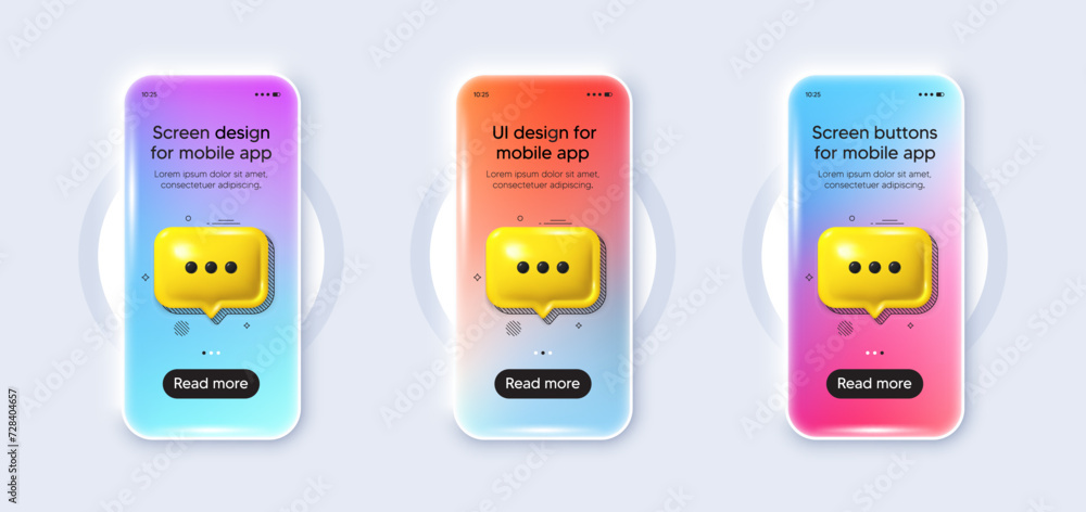 Realistic smartphone 3d mockup. Phone device template for presentation. Cellphone frame with 3d speech bubbles. Phone application with gradient screen, chat bubble. Cellphone app. Vector illustration Realistic smartphone 3d mockup. Phone device template for presentation. Cellphone frame with 3d speech bubbles. Phone application with gradient screen, chat bubble. Cellphone app. Vector illustration