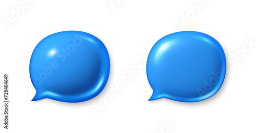 Blue speech bubble icons. Chat comment icons set. 3d talk message box. Modern realistic 3d design. Support speech bubbles, chat message box. Social media dialog banner. Vector illustration photo