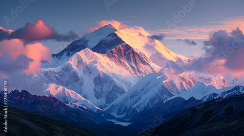 A photo of Denali National Park, with the snow-covered peak of Mount McKinley as the background, during the soft light of the midnight sun