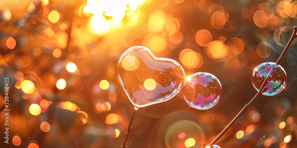 I am enamored by the sunset sky as I blow romantic soap bubbles in the park during summertime. - obrazy, fototapety, plakaty 
