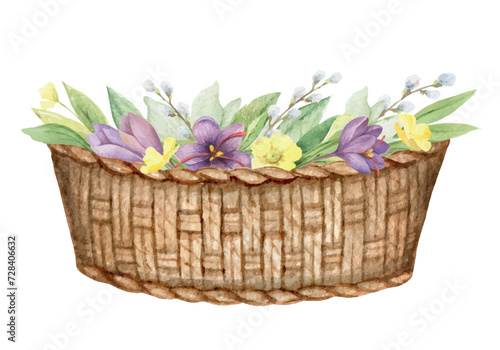 Watercolor vector basket with flowers isolated on white background. Design fo...