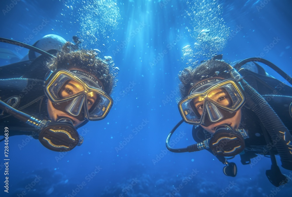 Exploring the depths, two aquanauts glide through the underwater world in their scuba gear, guided by a divemaster and surrounded by the beauty of the ocean