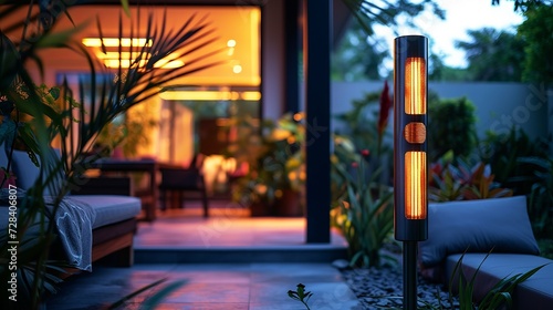 Sleek modern outdoor heater with soft ambient lighting in a cozy patio