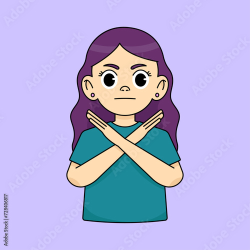Girl making the sign of the cross and frowning, showing a stop gesture, saying no, prohibiting bad actions