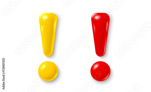 Exclamation 3d mark red and yellow colors. Realistic 3d symbol icon design. Alert, warning info and danger. Caution exclamation icon, important information. Vector illustration