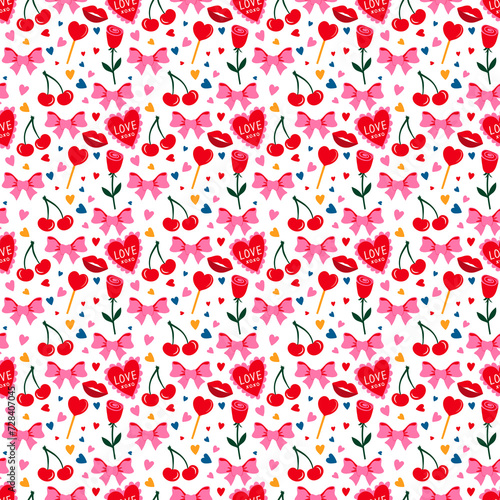 Seamless love pattern. Red love heart seamless illustration print. Cute romantic background. Valentine's day backdrop. Modern romantic wallpaper. Perfect for wrapping, stationery, fabric, packaging.
