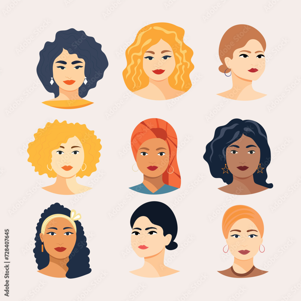 A collection of vector avatars of modern multicultural multinational women with different hairstyles. A set of portraits of young women of different races. Bright vector illustration in a flat style A collection of vector avatars of modern multicultural multinational women with different hairstyles. A set of portraits of young women of different races. Bright vector illustration in a flat style